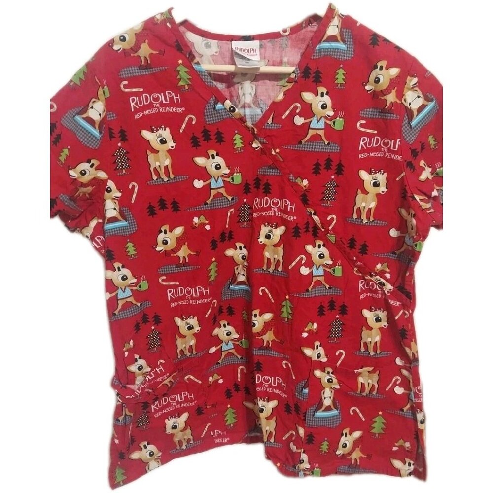 Rudolph the‎ Red Nosed Reindeer Christmas Scrub Shirt Top Peds Dentist Vet Sz L
